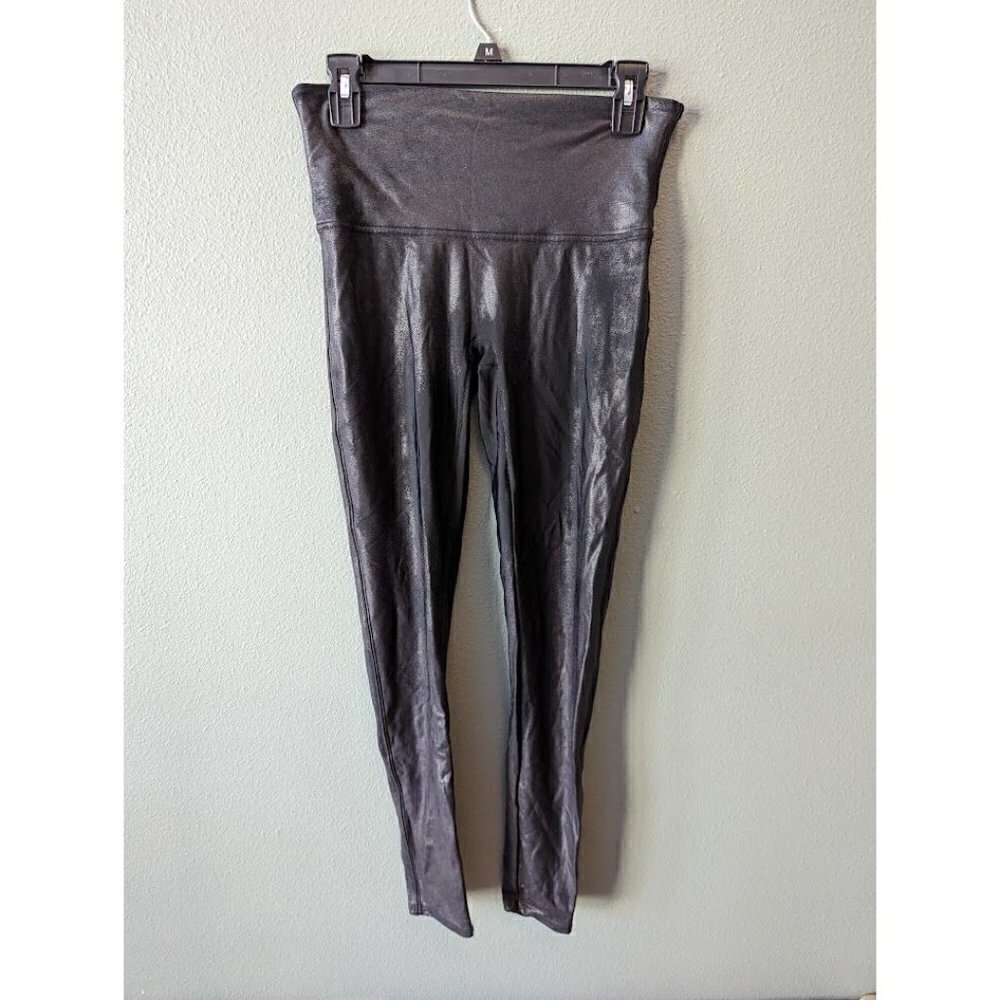 SPANX Faux Leather Metallic Leggings Black Tummy Control Size Large